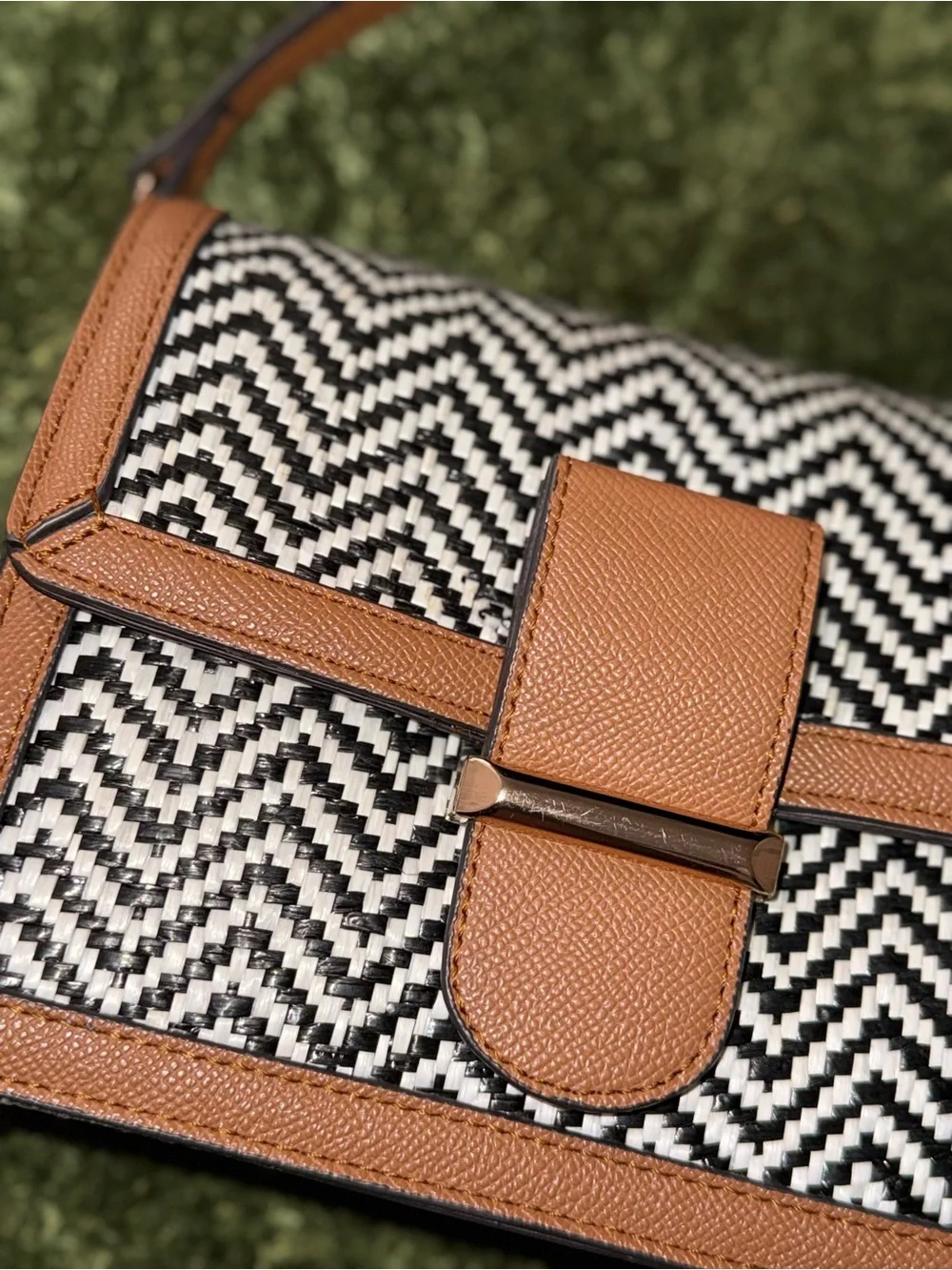 Aldo Black-and-White Woven Crossbody with Tan Trim